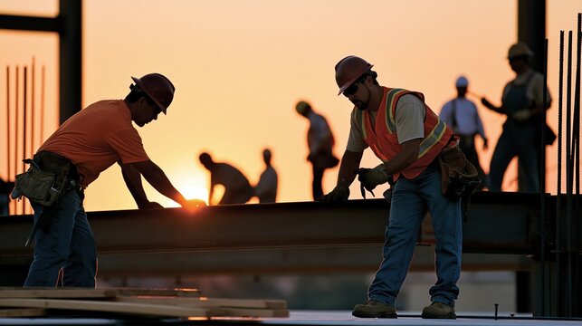 Construction workers silhouetted against a sunset, working on a building structure at dusk