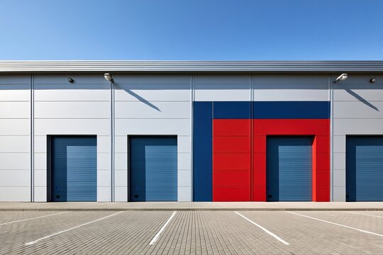 Modern Industrial Warehouse Facade with Roll-Up Doors and Distinctive Red and Blue Color Block Design Under Clear Blue Sky