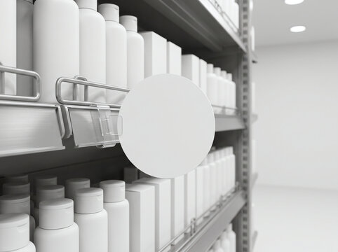 Supermarket shelf with blank wobbler mockup. Retail store display with empty round sign.