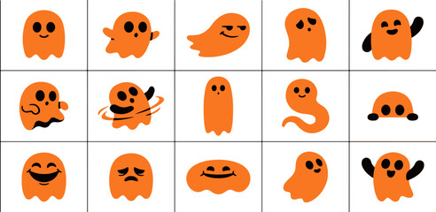 Fototapeta premium Set of cute orange ghost characters with various funny expressions for halloween design elements and digital stickers