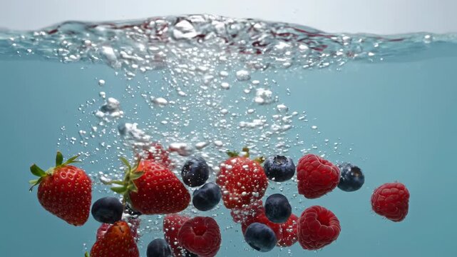 Fresh assorted berries, strawberries, blueberries, and raspberries, splashing into clear blue water creating dynamic ripples and splashes, healthy eating concept