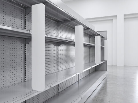 Empty supermarket gondola shelving. Retail store display rack for product merchandise mockup.