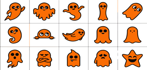 Fototapeta premium Set of cute orange ghost characters with various expressions and poses for halloween stickers and graphic design projects