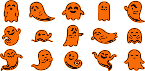 Fototapeta premium Set of cute orange ghost illustrations with various funny expressions for halloween party decorations and digital craft projects
