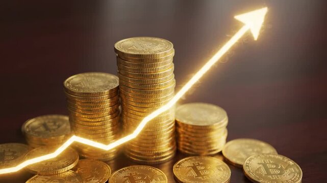 Stacks of gold coins with a glowing upward trending arrow indicating financial growth and profit, representing investment success and economic prosperity