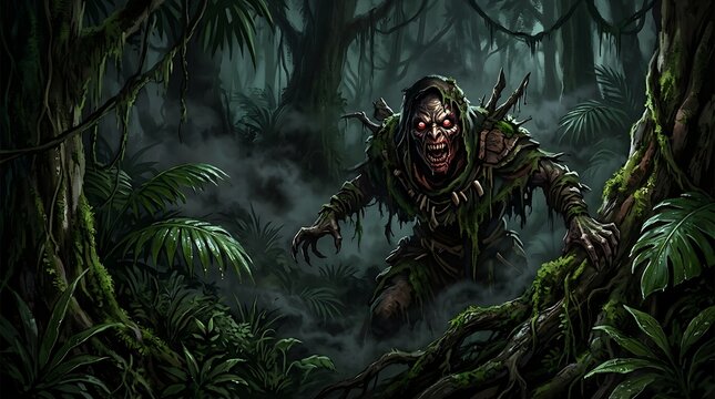 Menacing jungle monster with glowing red eyes stalking in the mist