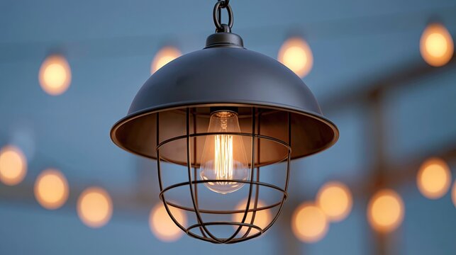 Vintage metal cage pendant lamp with Edison filament bulb, atmospheric outdoor lighting at dusk, blurred warm fairy lights background, patio decor fixture photography