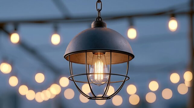 Vintage metal cage pendant lamp with Edison filament bulb, atmospheric outdoor lighting at dusk, blurred warm fairy lights background, patio decor fixture photography