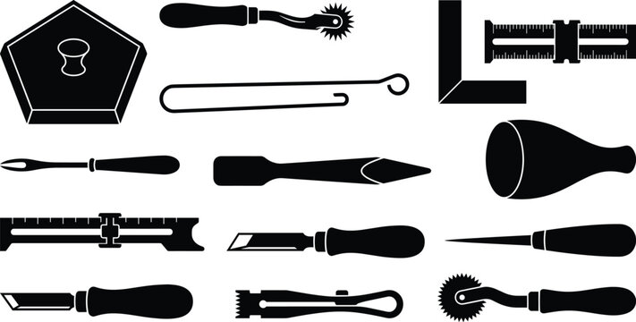 Leather Craft Tool Silhouette Collection with Stitching Cutting and Measuring Vector SetLeather Craft Tool Silhouette Collection with Stitching Cutting and Measuring Vector Set
