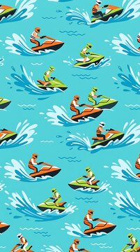 Seamless pattern of people riding jet skis across blue water