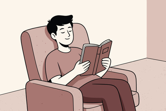 Man relaxes in a comfortable armchair while reading a novel in this cozy and peaceful indoor scene cartoon illustration.