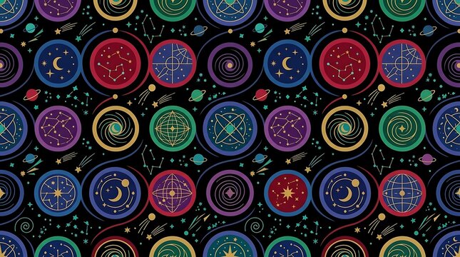 Vibrant cosmic pattern featuring planets stars and galaxies