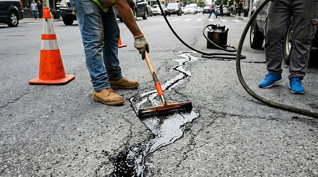 Road construction worker filling and sealing cracks in asphalt pavement on city street