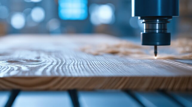 Close-up of CNC router bit carving intricate design into a wooden plank in a modern workshop