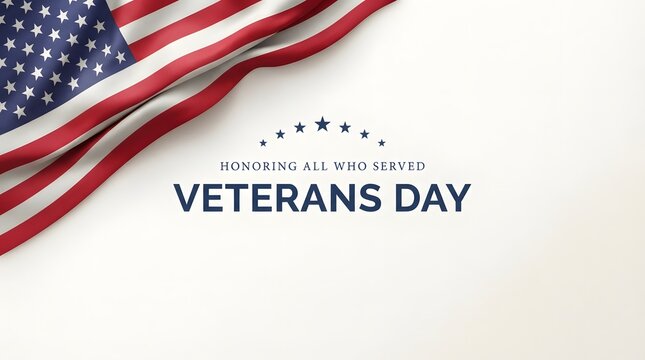 Veterans day greeting card with a folded american flag on a white background with copy space