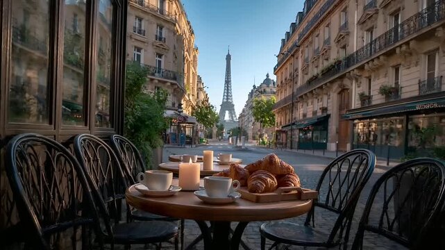 Paris, France, Europe. A vivid portrayal of a Parisian street scene at dusk, with the Eiffel Tower visible in the background.