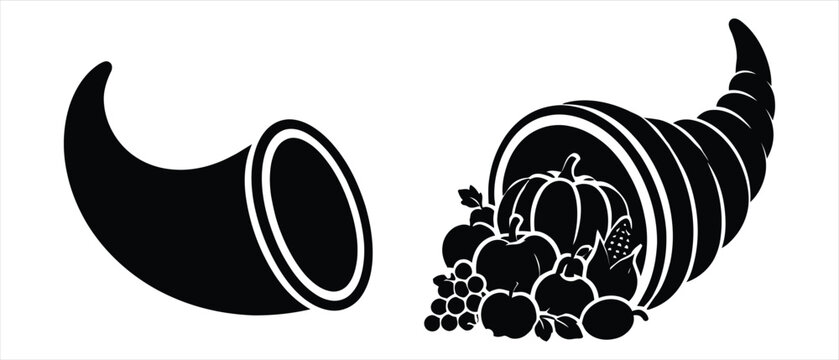 Cornucopia horn of plenty filled with fruits and vegetables set, cornucopia