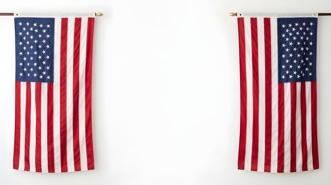 Two vertical american flags hanging side by side against a clean white background for patriotic display