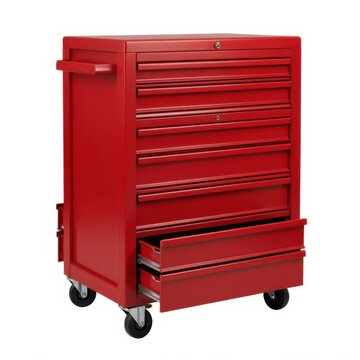 Bright red industrial tool chest with multiple drawers open. Heavy-duty rolling workshop storage cabinet for mechanics and DIY projects.