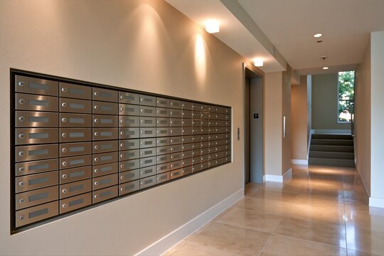Modern Apartment Building Hallway with Rows of Secure Mailboxes and Stairs Leading Upward