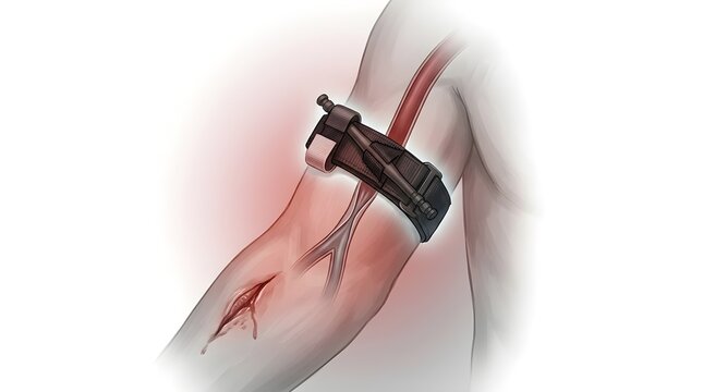 Applying tourniquet to arm for severe bleeding control
