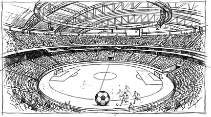 Obraz premium Perspective architectural sketch of indoor football arena or soccer stadium with massive crowd stands and roof