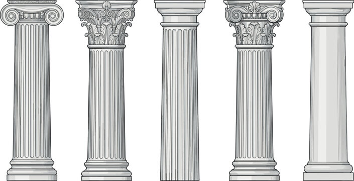 Set of classical ancient greek architectural columns including ionic doric and corinthian pillar vectors isolated on white background for history logo
