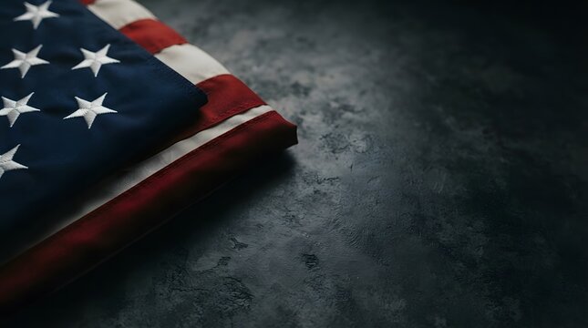 A folded american flag resting on a dark textured concrete surface with a moody dramatic atmosphere