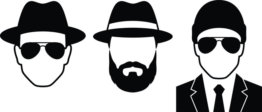 Set of spy avatar icons featuring mysterious faceless man silhouette with sunglasses fedora hat beard and corporate business suit vector illustration