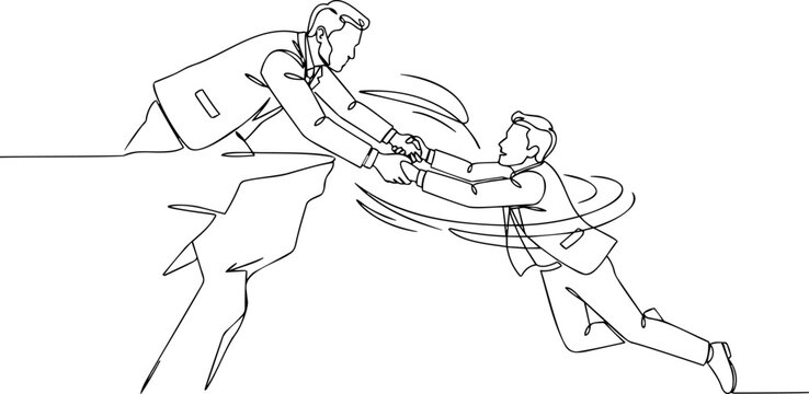 Continuous one line drawing of generic businessman on cliff pulling up falling colleague for crisis management and teamwork rescue concept vector