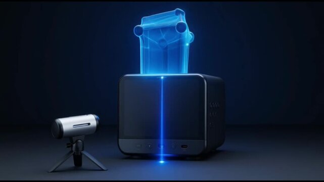 3D Scanner Creating Holographic Blueprint of Mechanical Component in Futuristic Technology Lab