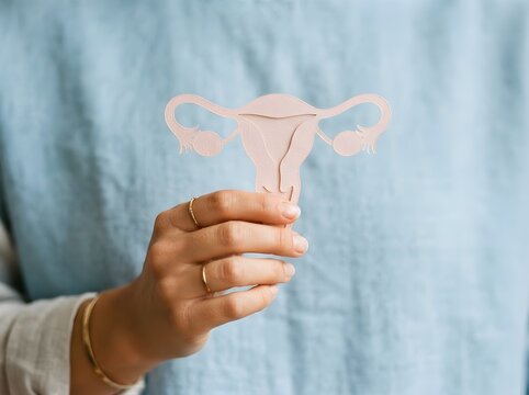 Female Reproductive Health Concept with Woman Holding Paper Uterus on Blue Background. Gynecology, Fertility, Women&rsquo;s Healthcare and Reproductive Awareness