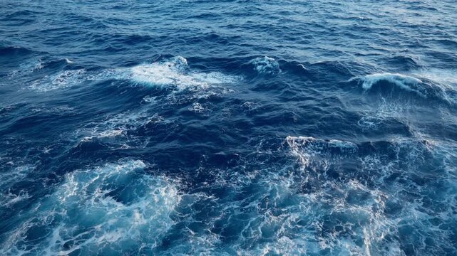 Deep blue ocean waves with white foam crests roll and churn across the vast open sea. Aerial view captures turbulent water textures and dynamic wave patterns under soft daylight conditions.