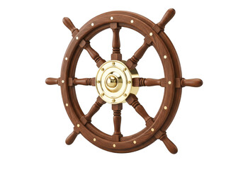 Wooden ship steering wheel with brass accents on transparent background nautical decor for maritime themes. © Manju