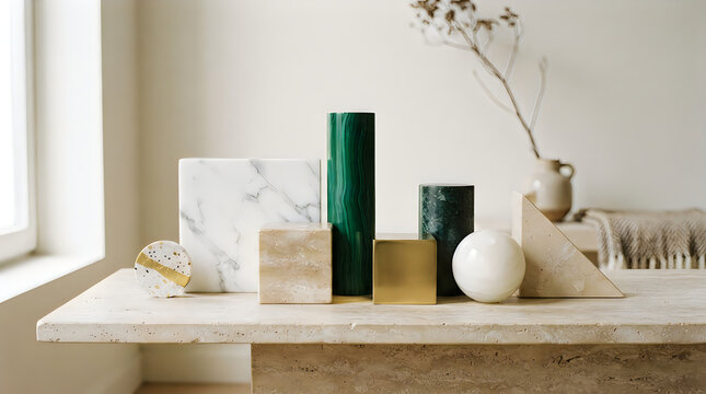 Minimalist home decor with vases, books, and marble objects on a shelf by window