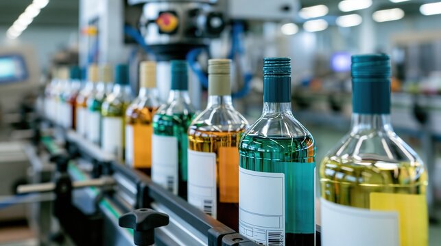 Automated Bottling Line in Modern Factory Producing Alcoholic Beverages on Conveyor Belt