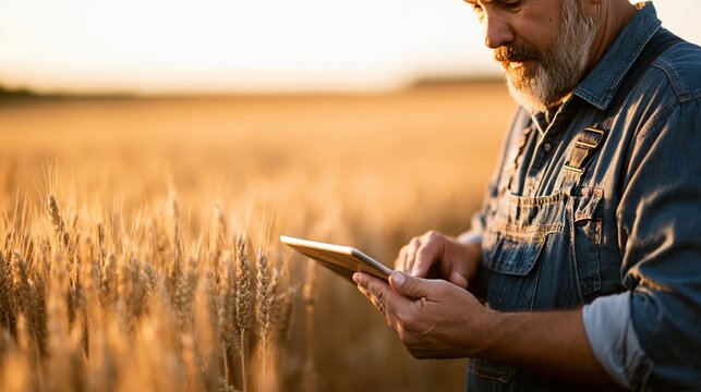 Close-up of a mature farmer using a tablet computer in a golden wheat field at sunset