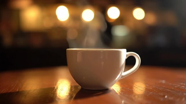 Warm cup of coffee on a cafe table with bokeh