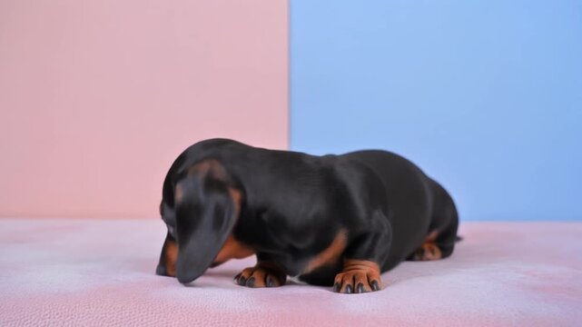 Miniature Dachshund Lying Down in Relaxed Pose with Soft Warm Lighting