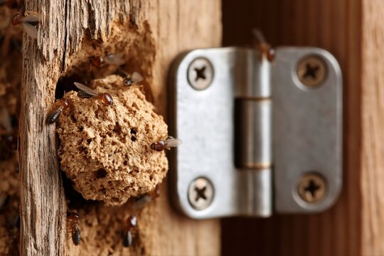Close-up of Termite Nest and Colony Infestation on Wooden Door Frame with Metal Hinge