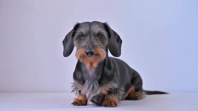 Wire-haired Miniature Dachshund with Textured Fur Sitting Elegantly in Studio Light