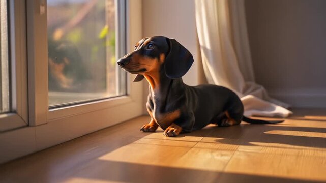 Miniature Dachshund Basking in Golden Hour Sunlight by Window