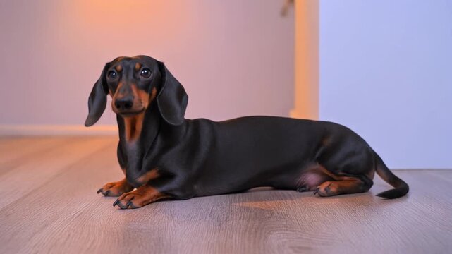 Miniature Dachshund Lying Down in Relaxed Pose with Soft Warm Lighting