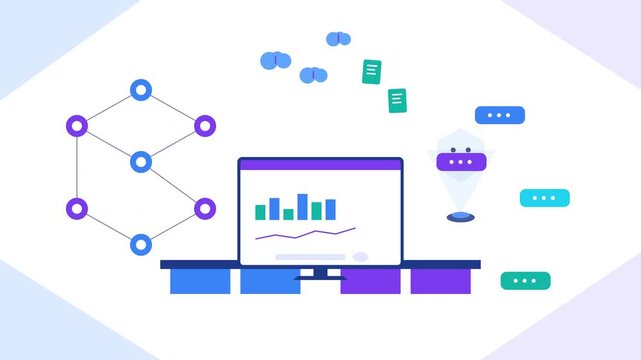 Abstract vector illustration of data analytics and cloud network database interface with graphs on computer monitor screen