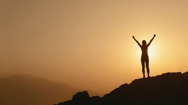 Silhouette of a person with arms raised in triumph at sunset.