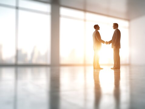 Businessmen shaking hands in a bright modern office with city views at sunrise.