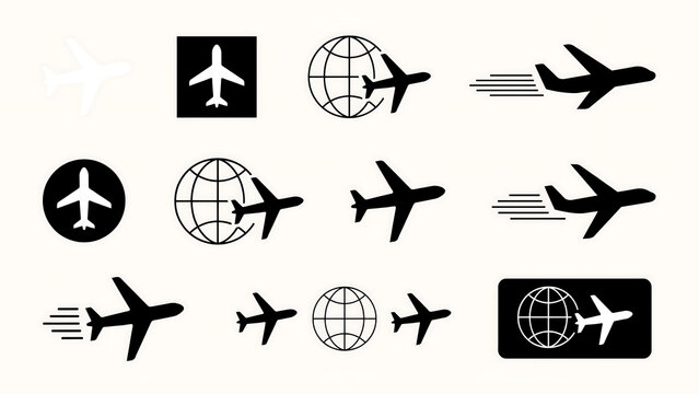 Set of black airplane icons with globes and flight paths airplane aviation