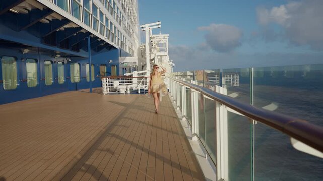 Young woman in summer dress walks along cruise liner deck in Caribbean Sea. Glass railings reflect blue ocean waters as she strolls past cabin windows enjoying sunny vacation day at sea.