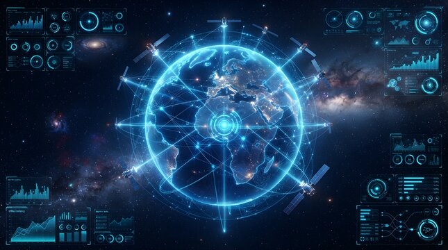 Holographic Control Dashboard with Satellite Constellation Orbiting Earth and Space Data Analytics