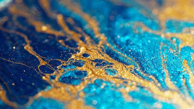Abstract swirling ink pattern with shimmering gold dust in deep blue liquid, fluid art texture, elegant marbled effect